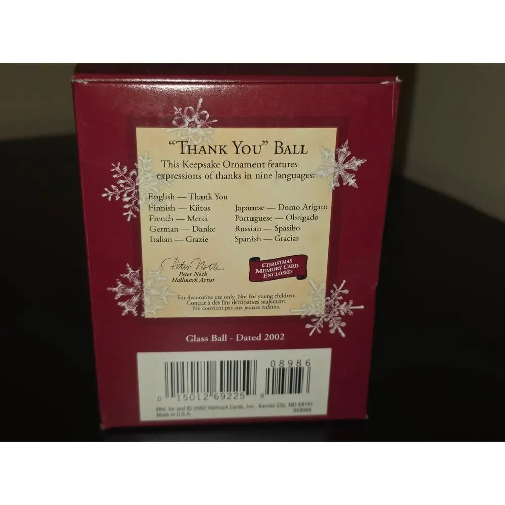 Vintage 2002 Hallmark Christmas Thank You Ball Ornament Keepsake - 9 Languages